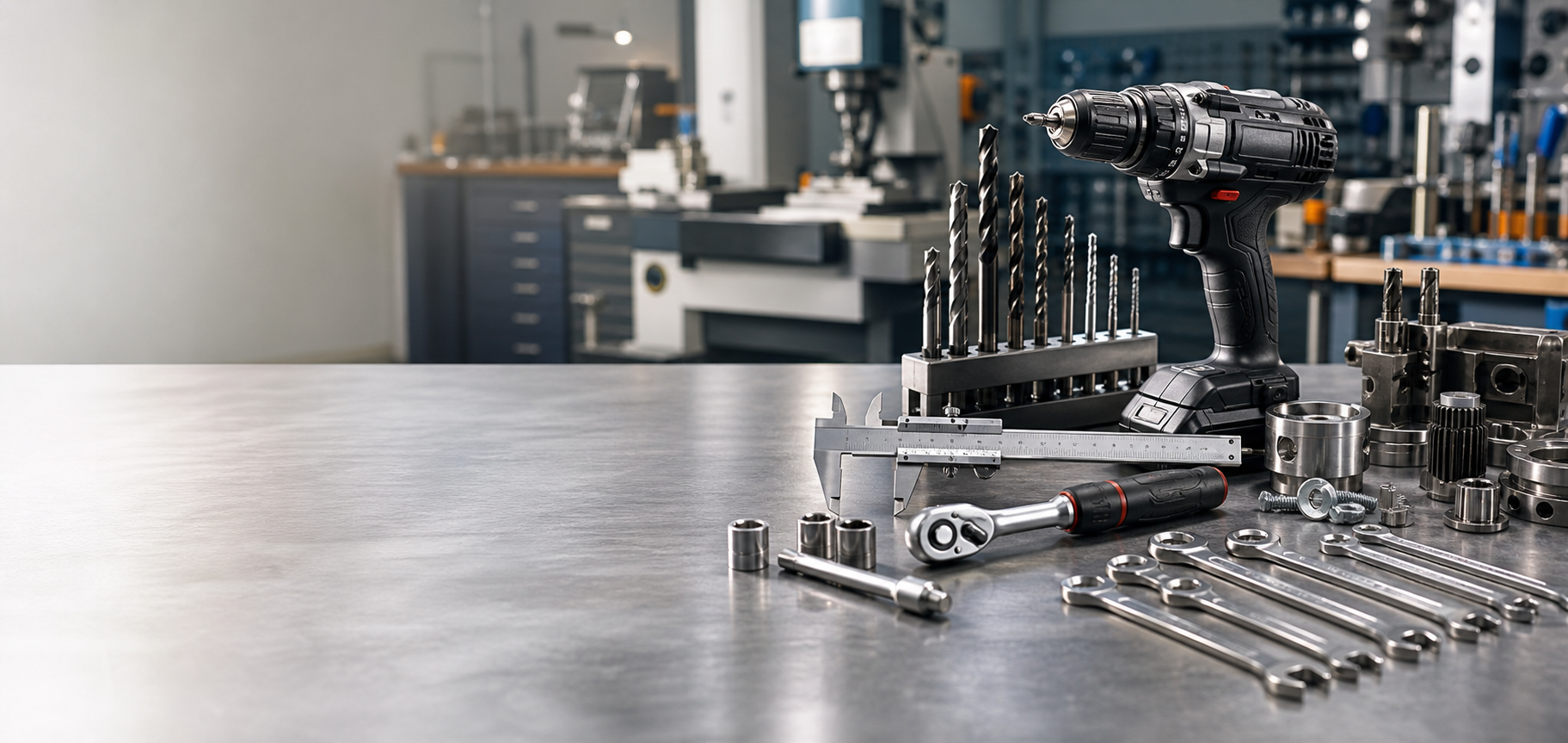 Professional hardware tools on a workshop bench